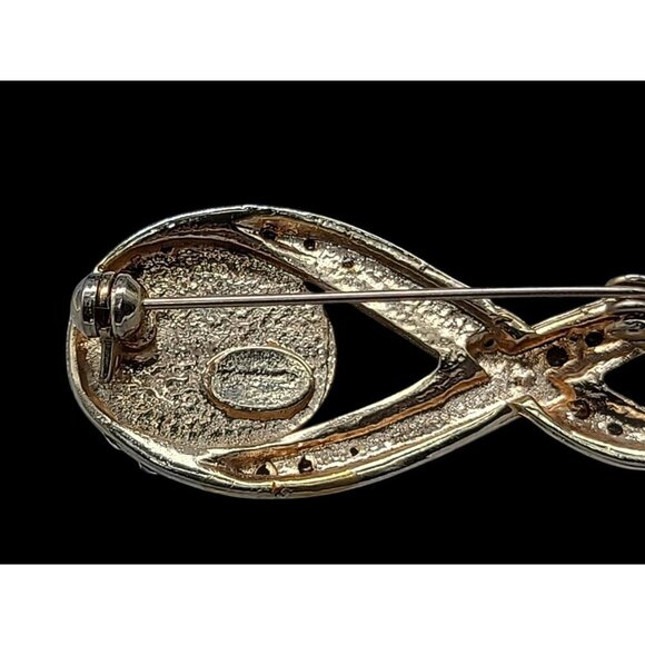 Designer High End Brooch Irridescent Glossy Faux Mabe Pearl Rhinestones Vintage - Picture 9 of 9